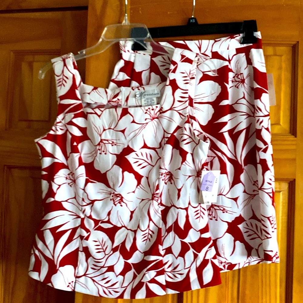 2 piece Red and White Flowered top and skirt. Never worn with tags Washable